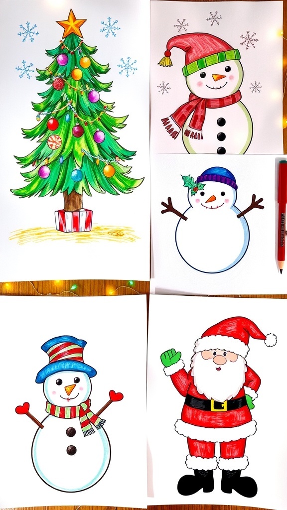 A variety of Christmas drawings featuring a tree, snowman, and Santa in bright colors.